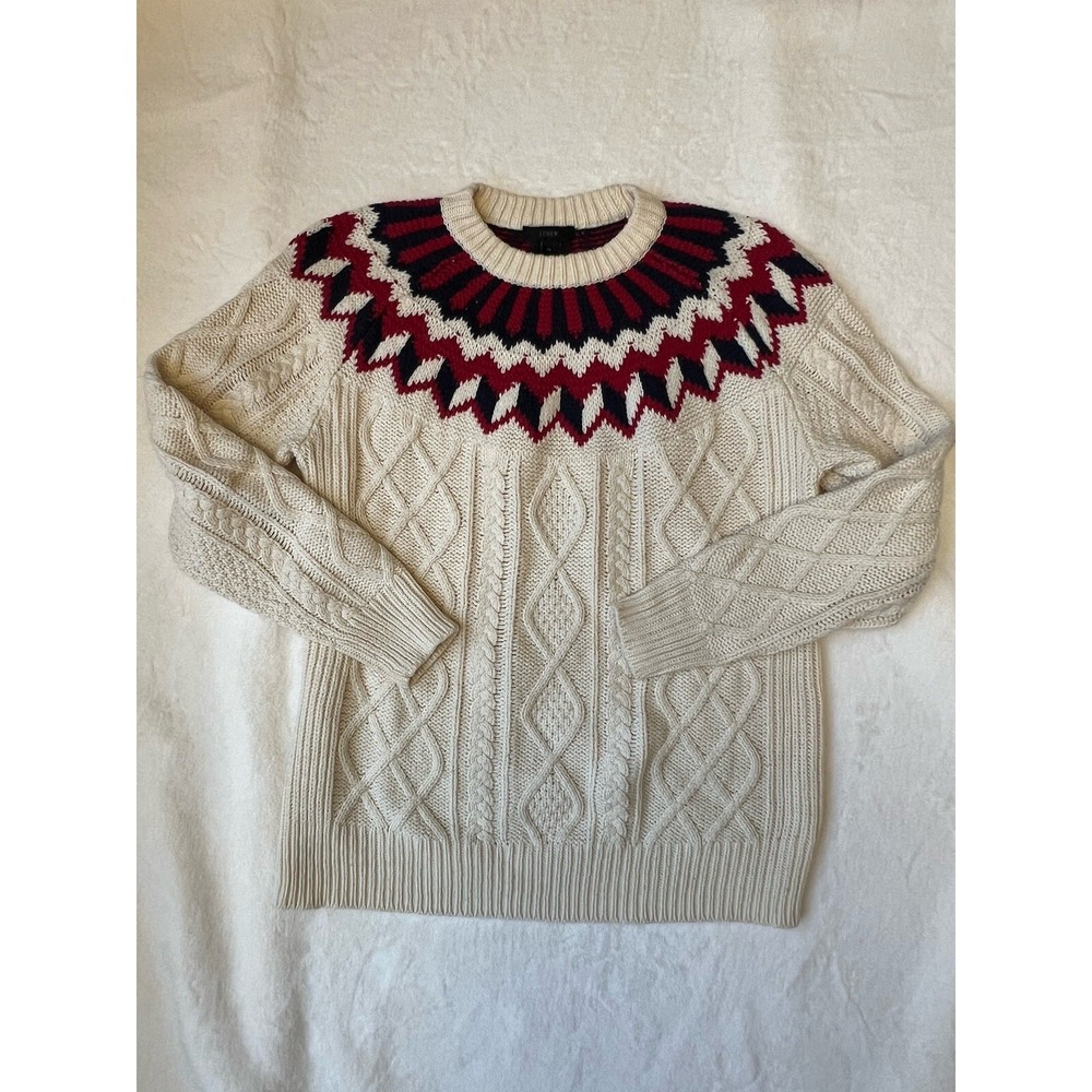 J. Crew Chunky Cable‎ Knit Crew Sweater Wool Blend Iceland Size M Ivory Red Blue